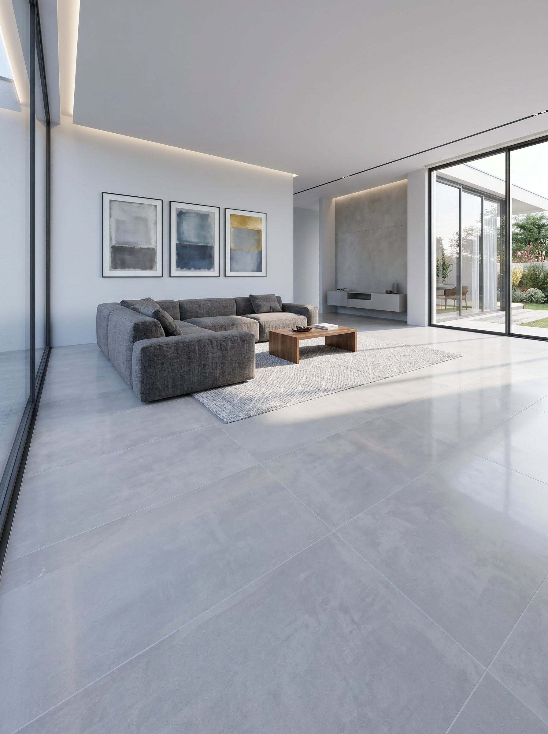 Feinsteinzeug-Fliese Essential White verlegt, Projektansicht-m2granit