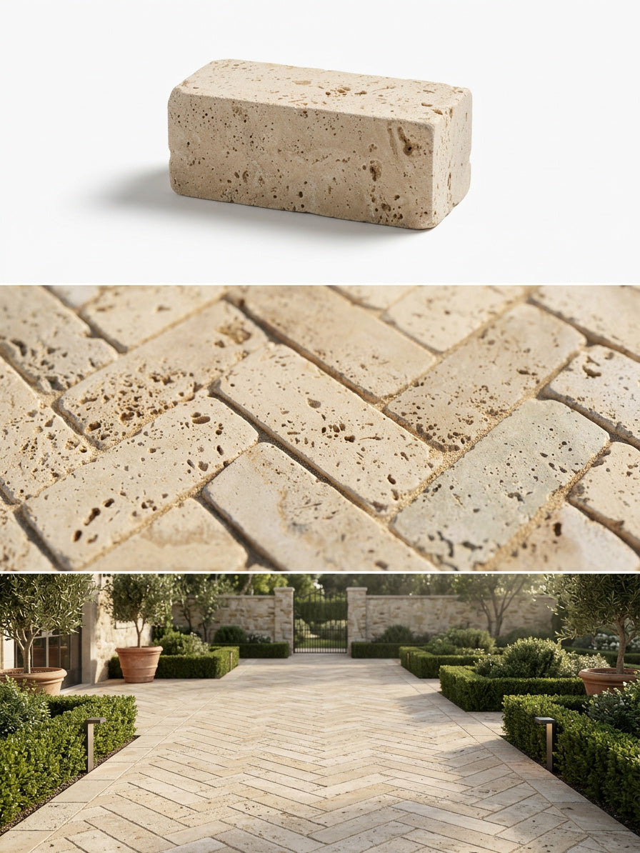 Pflastersteine aus Travertin | 20x7,5x7,5cm | Classic | Fischgrätenmuster