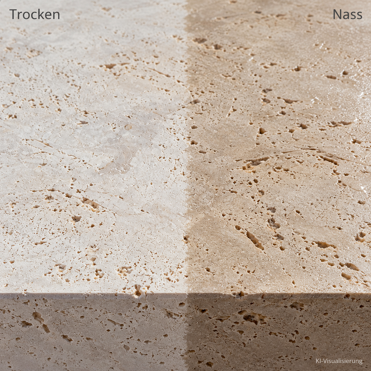 KI-Visualisierung von Travertin Classic Beige: links trockene, rechts nasse Oberfläche; Farbwirkung beispielhaft.