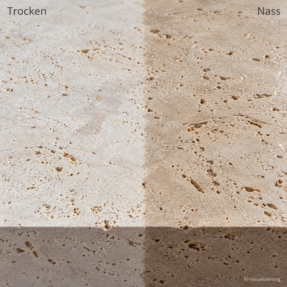 KI-Visualisierung von Travertin Classic Beige: links trockene, rechts nasse Oberfläche; Farbwirkung beispielhaft.