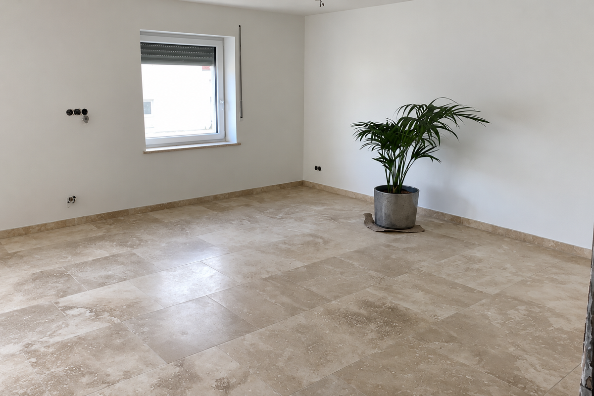 Fliesen aus Travertin – 60x60x1,2cm – Classic – getrommelt – M2Granit – mit KI retuschierte Originalaufnahme, Anwendungsbeispiel