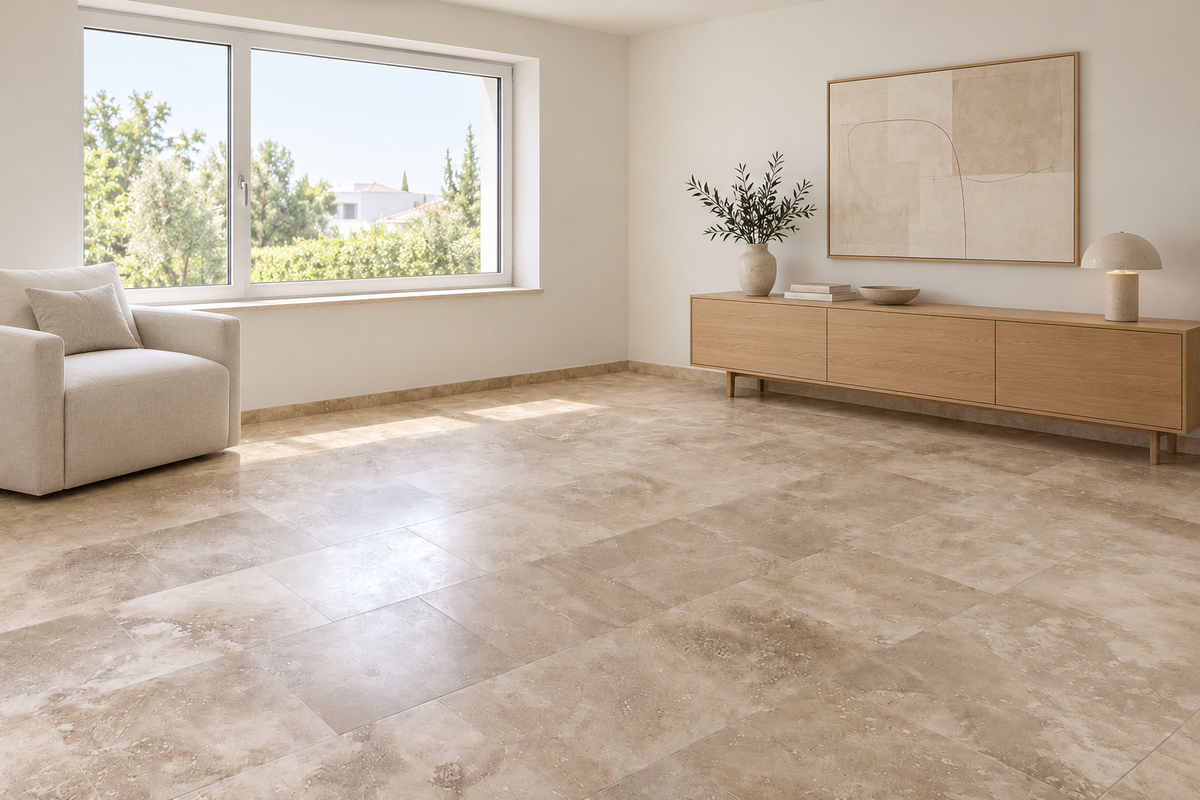 Fliesen aus Travertin | 60x60x1,2cm | Classic | getrommelt – M2Granit – Anwendungsbeispiel als KI-Visualisierung, kein dokumentiertes Kundenprojekt
