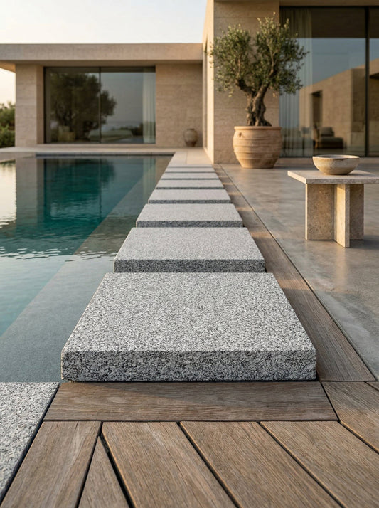 Granit Terrassenplatten Grau, gesägt – m2Granit – Projektvisualisierung als Trittplatten am Pool