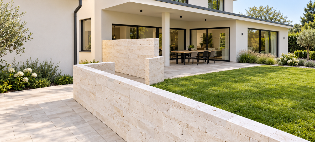 Mauersteine aus Travertin | 7,5 / 15 / 22,5 cm Höhe | Light | gesägt & getrommelt – M2Granit – Anwendungsbeispiel als KI-Visualisierung, kein dokumentiertes Kundenprojekt