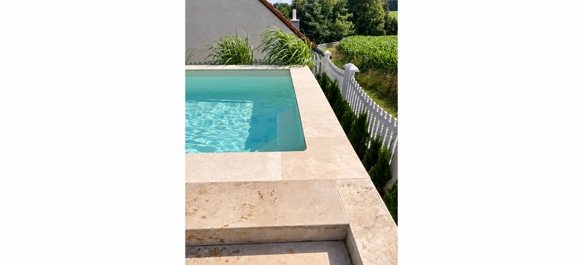 Poolecke aus Travertin – 45x45x3cm – innen abgerundet – M2Granit – mit KI retuschierte Originalaufnahme, Anwendungsbeispiel