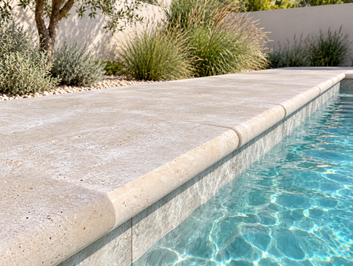 Poolrandplatten aus Travertin | 61–100 cm | Light | Bullnose – M2Granit – Anwendungsbeispiel als KI-Visualisierung, kein dokumentiertes Kundenprojekt