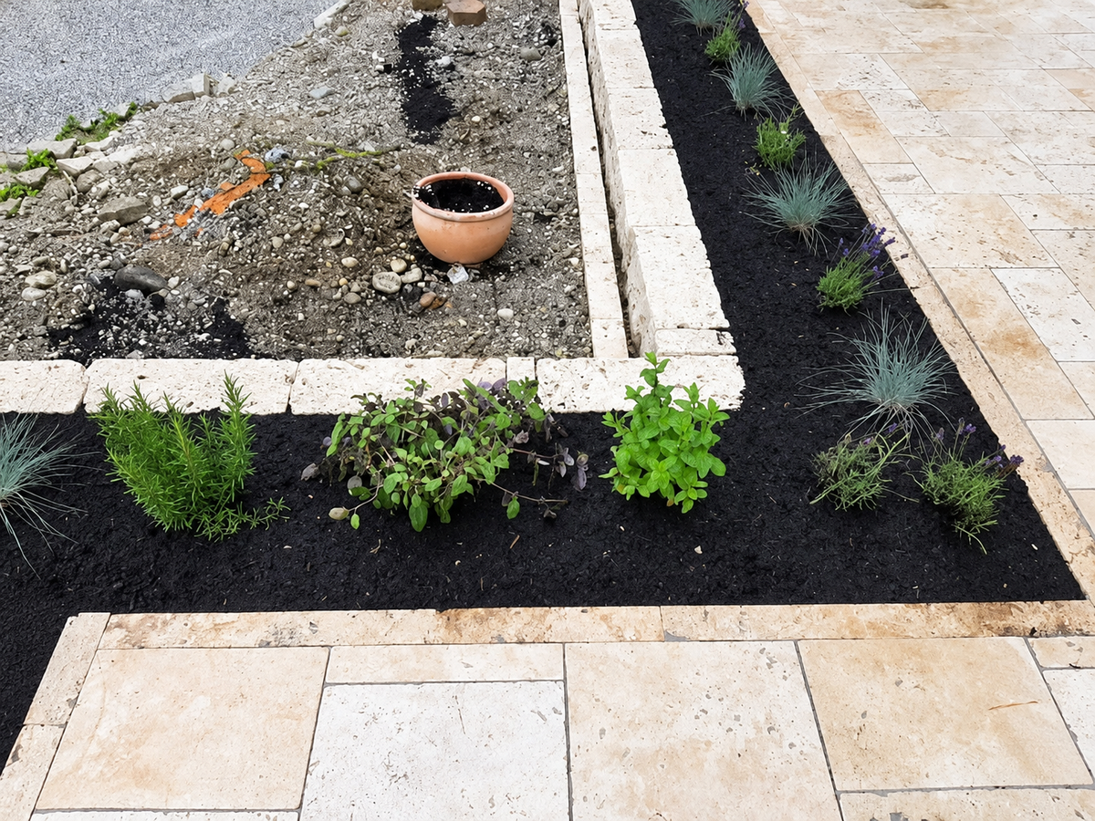 Randsteine aus Travertin – 50x15x6cm – Classic – getrommelt – Anwendungsansicht, bearbeitete Lieferantenaufnahme