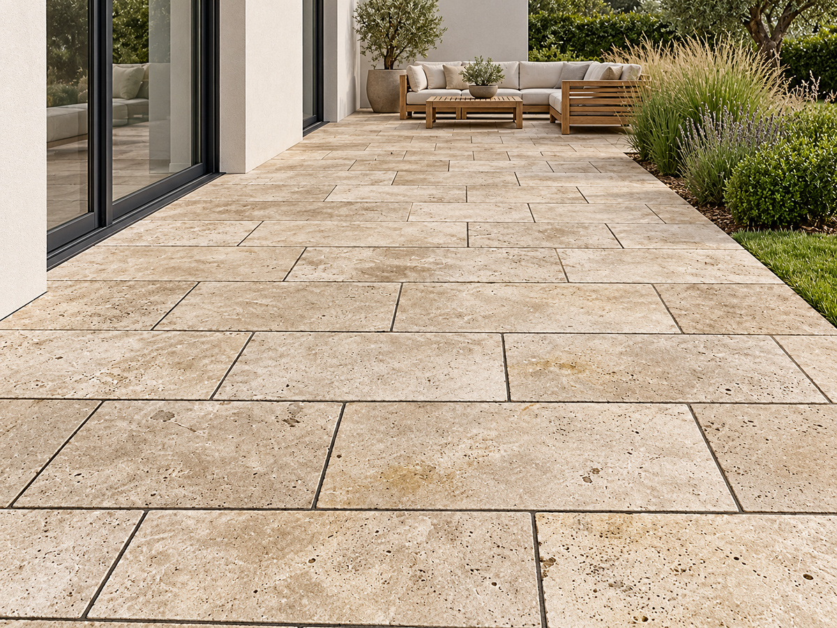 Terrassenplatten aus Travertin | 60x40x3cm | Natural | getrommelt – M2Granit – Anwendungsbeispiel als KI-Visualisierung, kein dokumentiertes Kundenprojekt