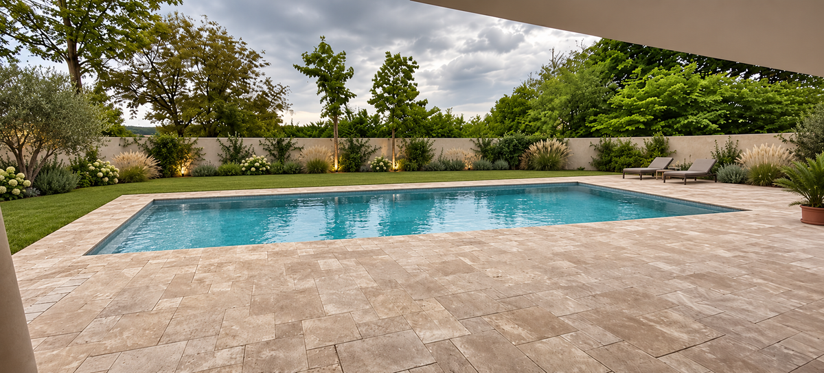 Terrassenplatten aus Travertin | Römischer Verband 3 cm | Noce | geschliffen & getrommelt – M2Granit – Anwendungsbeispiel als KI-Visualisierung, kein dokumentiertes Kundenprojekt