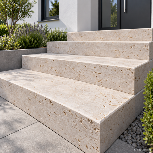Travertin Blockstufen Classic Beige – m2Granit – Projektvisualisierung einer Eingangstreppe (KI-Visualisierung)