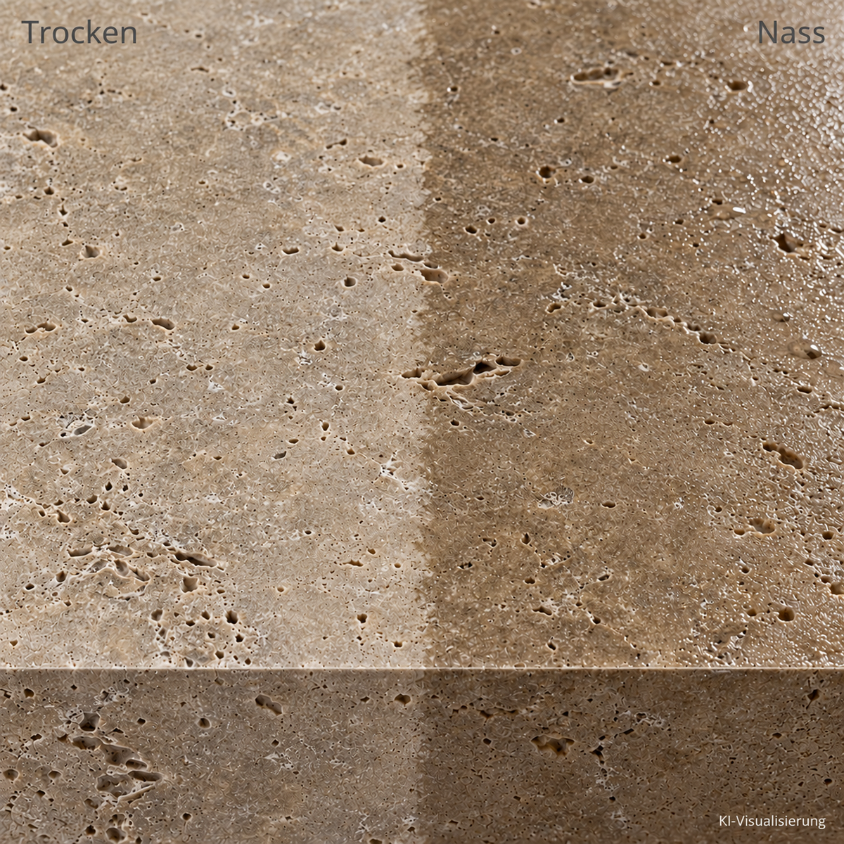 Travertin Blockstufen Noce Braun – m2Granit – Vergleich von trockener und nasser Oberfläche (KI-Visualisierung)