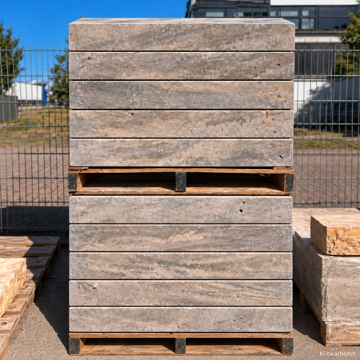 Travertin Blockstufen Silber Grau – m2Granit – auf zwei Paletten gestapelte Blockstufen