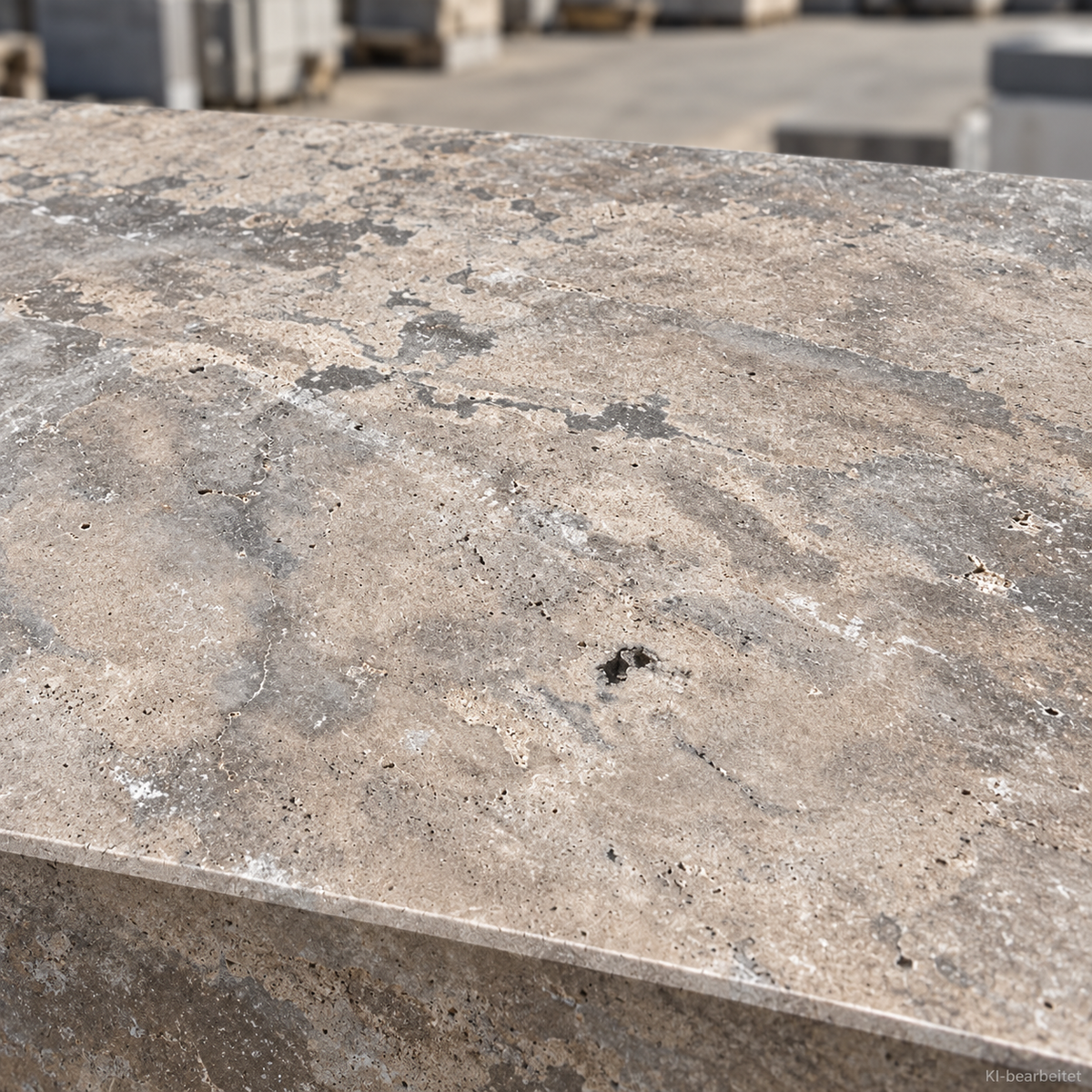 Travertin Blockstufen Silber Grau – m2Granit – Nahaufnahme der Oberseite und Kante