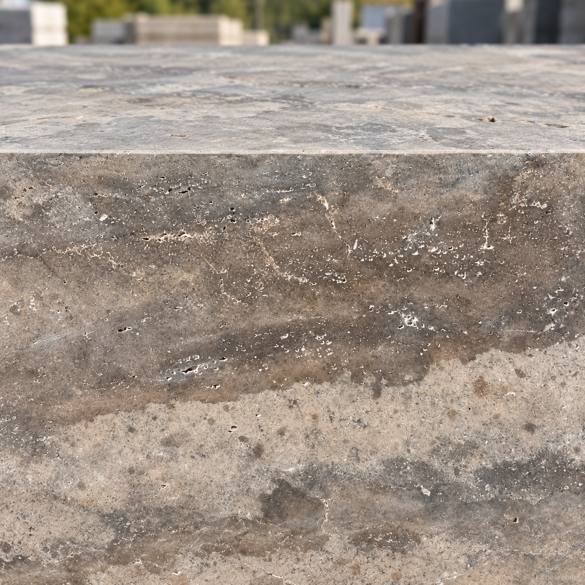 Travertin Blockstufen Silber Grau – m2Granit – Nahaufnahme der Vorderkante und Stirnfläche
