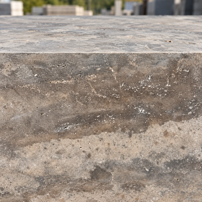 Travertin Blockstufen Silber Grau – m2Granit – Nahaufnahme der Vorderkante und Stirnfläche