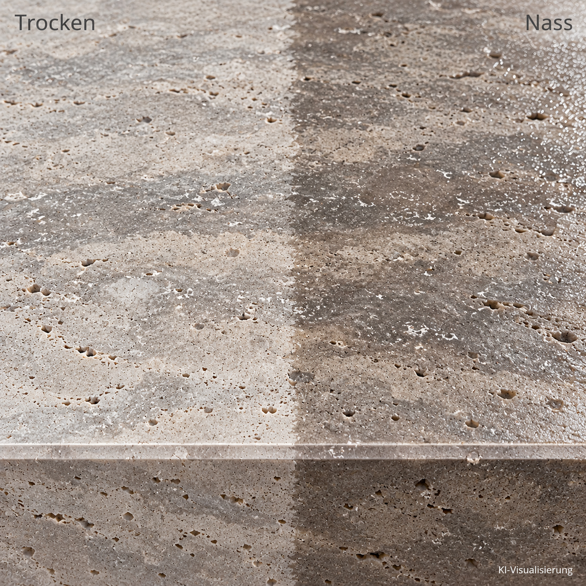 Travertin Blockstufen Silber Grau – m2Granit – Vergleich von trockener und nasser Oberfläche (KI-Visualisierung)
