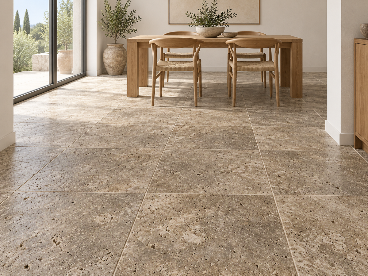 Travertin Fliesen Rustik Beige Braun 60×60×1,2 cm – M2Granit – Esszimmer als KI-Visualisierung, keine Aufnahme eines ausgeführten Projekts