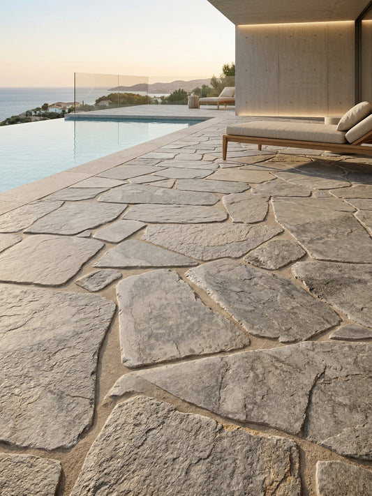 Travertin Polygonalplatten Silber Grau, polygonal – m2Granit – Projektvisualisierung einer Poolterrasse