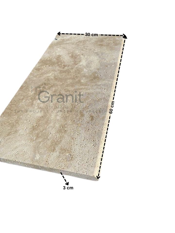 Travertin Poolplatten Classic Beige, bullnose – m2Granit – Darstellung mit Maßangaben