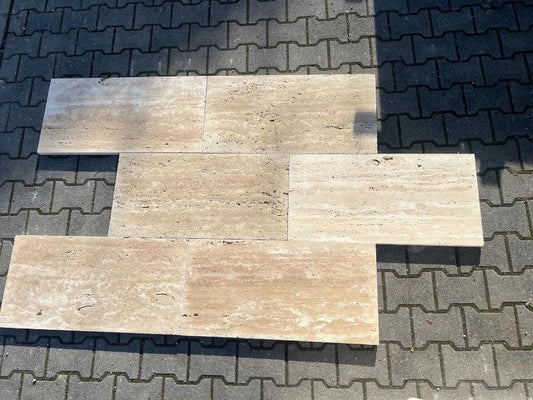 Travertin Terrassenplatten Assos Beige, vein cut – m2Granit – Draufsicht