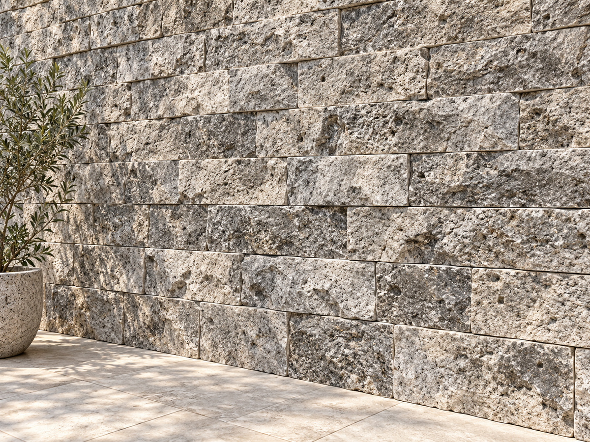 Travertin Wandverblender silber grau 10 cm Höhe, freie Längen – M2Granit – Anwendungsbeispiel mit KI gestaltetem Hintergrund